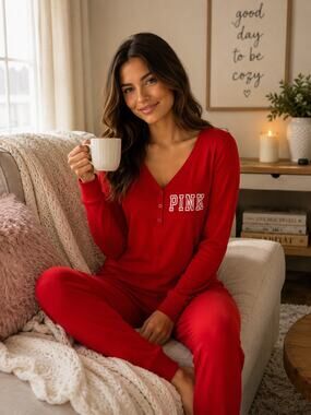 Victoria’s Secret PINK Ho Ho Ho one piece Onesie Pajamas In Red. Size S.